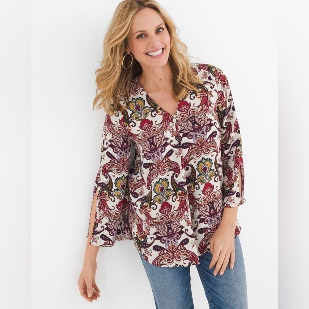 Chicos Paisley Bell Sleeve Split Cuff V Neck Blouse Top‎ Women's Medium